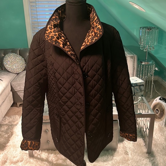 LIZ CLAIBORNE Black Quilted Jacket with Animal Print Trim - Picture 2 of 7